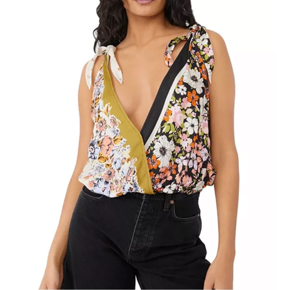 Free People Floral Patchwork Tie-Shoulder Tank in Black, Olive & Cream
